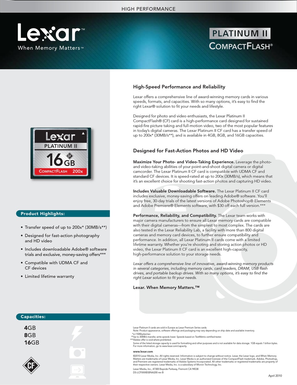 LEXAR PLATINUM II COMPACT FLASH DATASHEET REV B DATASHEET Pdf