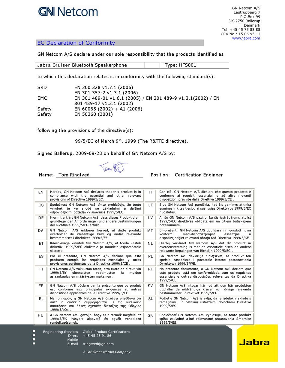 JABRA CRUISER DECLARATION OF CONFORMITY Pdf Download ManualsLib