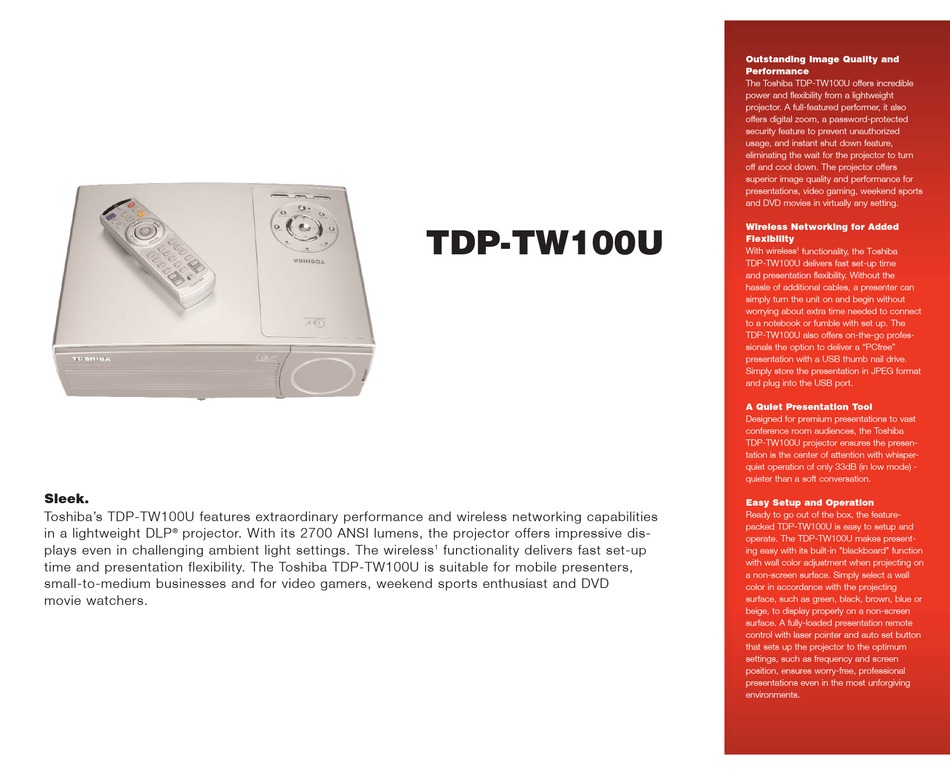 TOSHIBA TDP-TW100 PRODUCT SPECIFICATIONS Pdf Download | ManualsLib