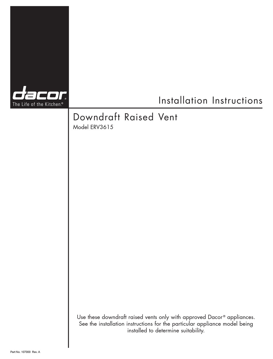 DACOR ERV3615 INSTALLATION INSTRUCTIONS MANUAL Pdf Download ManualsLib