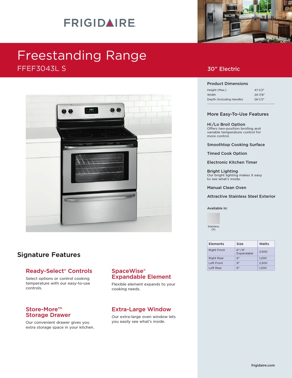 FRIGIDAIRE FFEF3043LS PRODUCT SPECIFICATIONS Pdf Download | ManualsLib