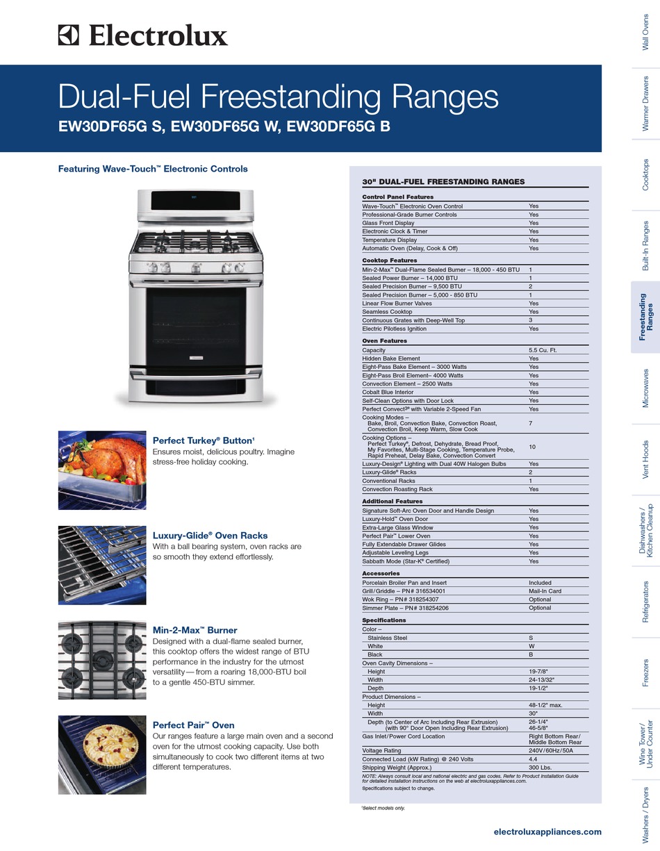 ELECTROLUX EW30DF65GS 30" DUAL FUEL RANGE PRODUCT SPECIFICATIONS Pdf