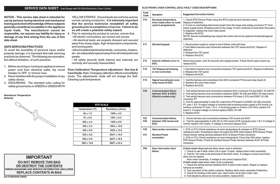 ELECTROLUX EW30DF65GS 30" DUAL FUEL RANGE SERVICE DATA SHEET Pdf