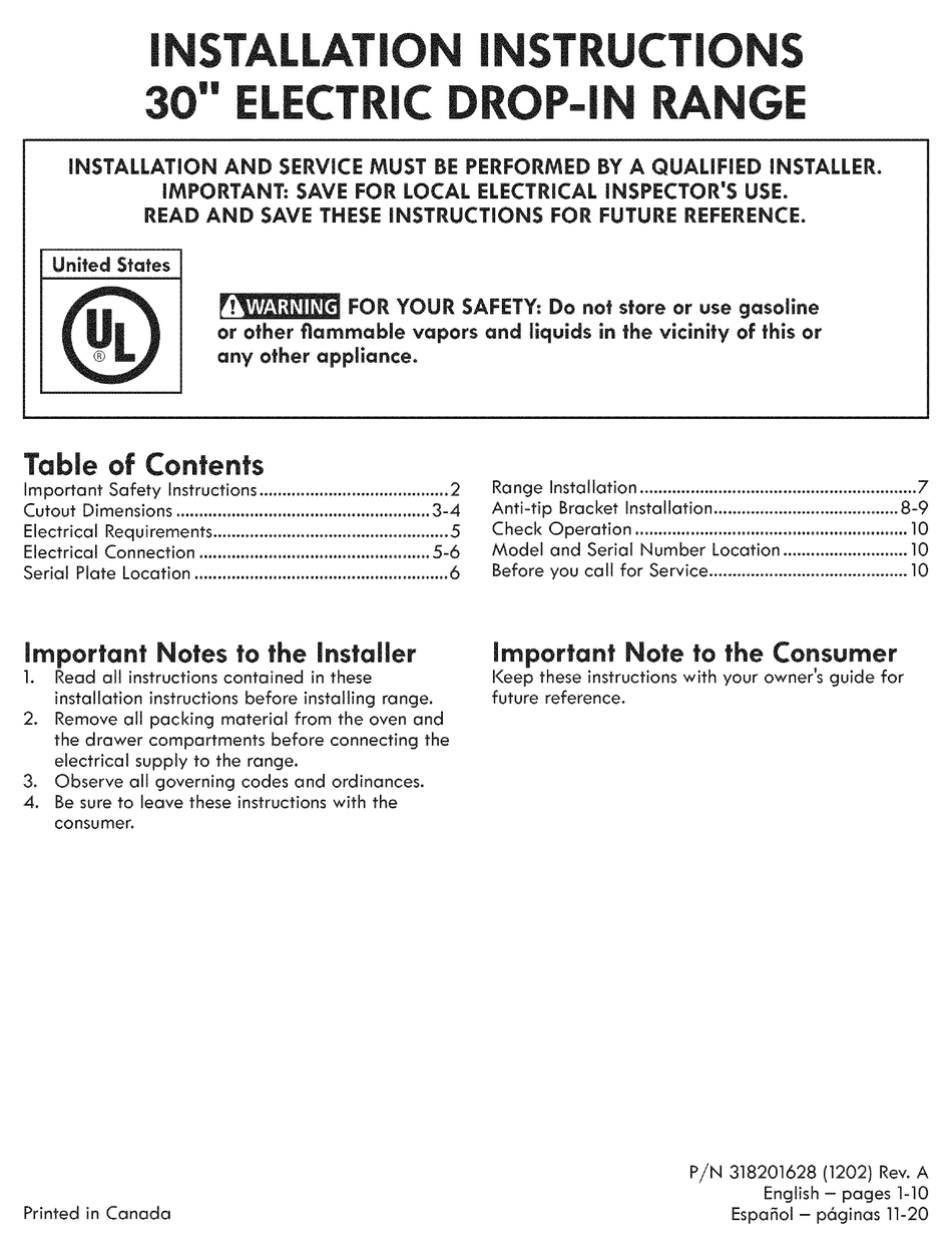 KENMORE 4559 30 IN. ELECTRIC DROPIN RANGE INSTALLATION INSTRUCTIONS