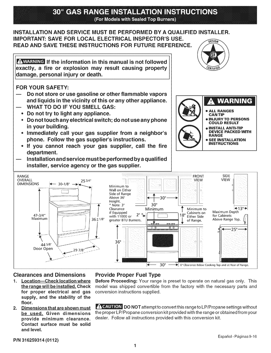 KENMORE 7560 30" GAS RANGE INSTALLATION INSTRUCTIONS MANUAL Pdf