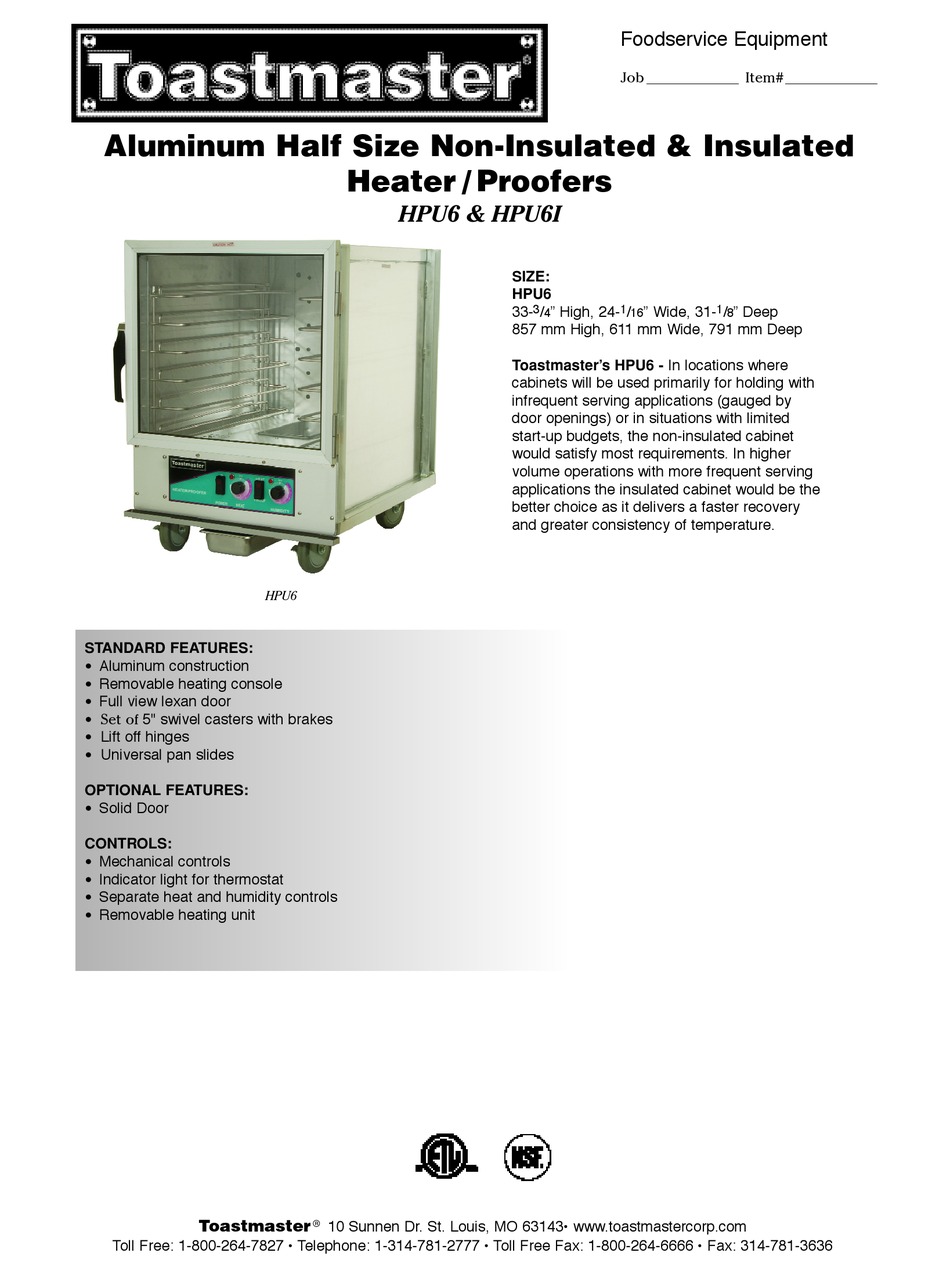 TOASTMASTER HPU6 DATASHEET Pdf Download ManualsLib