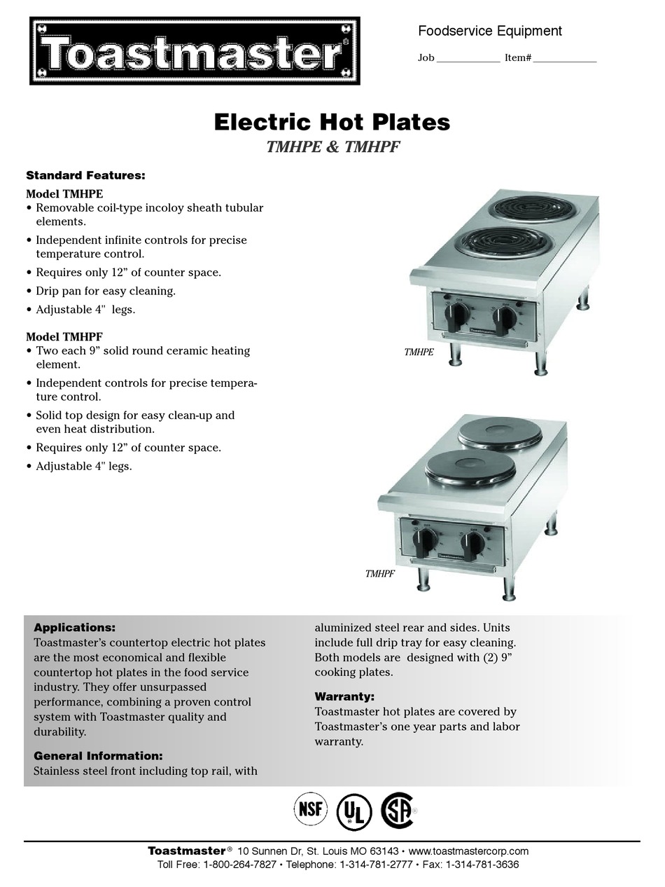 TOASTMASTER TMHPE DATASHEET Pdf Download ManualsLib
