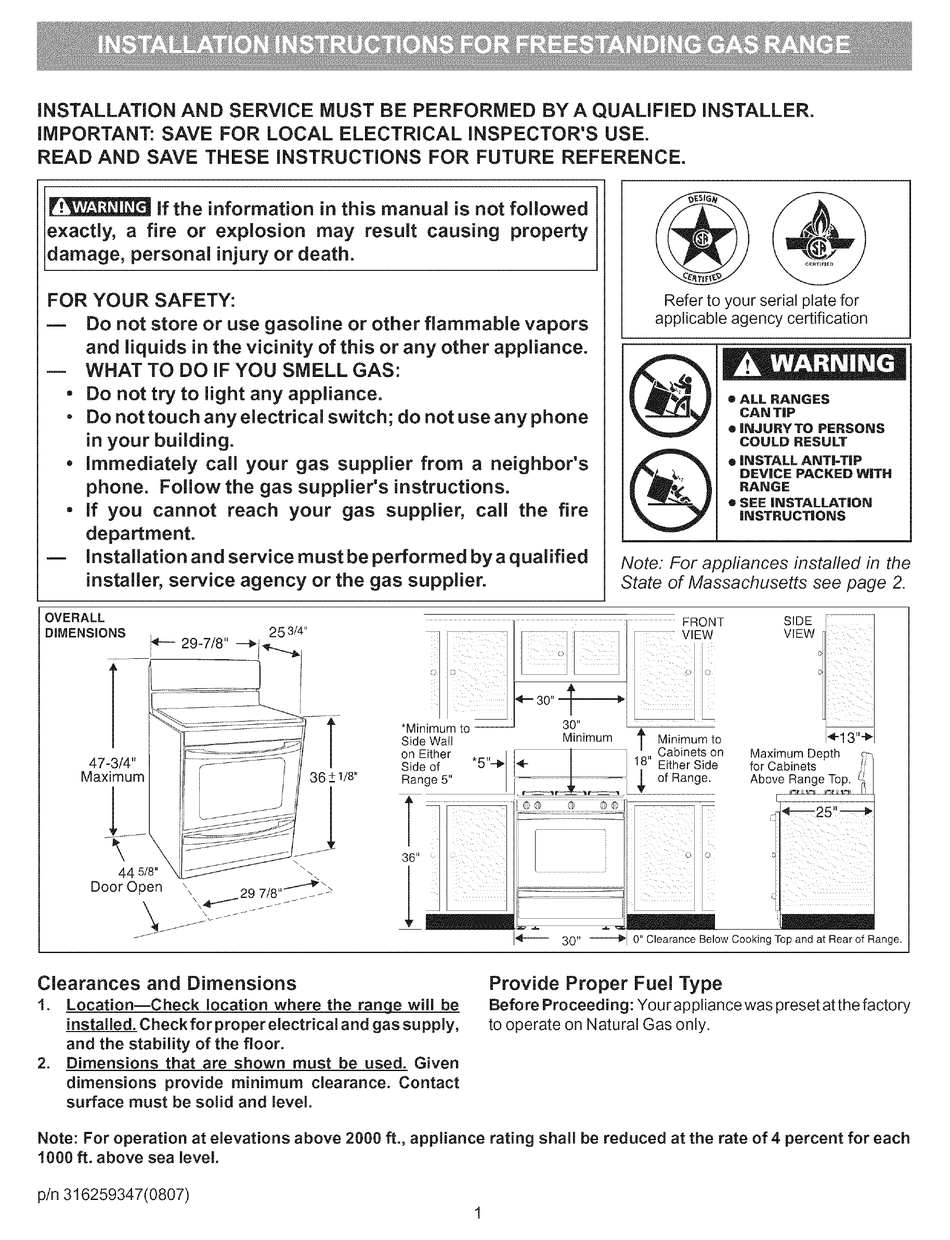 KENMORE 7754 ELITE 30 IN. GAS RANGE INSTALLATION INSTRUCTIONS MANUAL