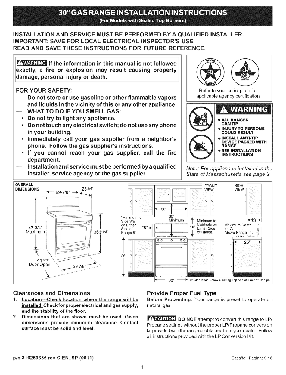 KENMORE 7853 - 30 IN. GAS INSTALLATION INSTRUCTIONS MANUAL Pdf Download ...