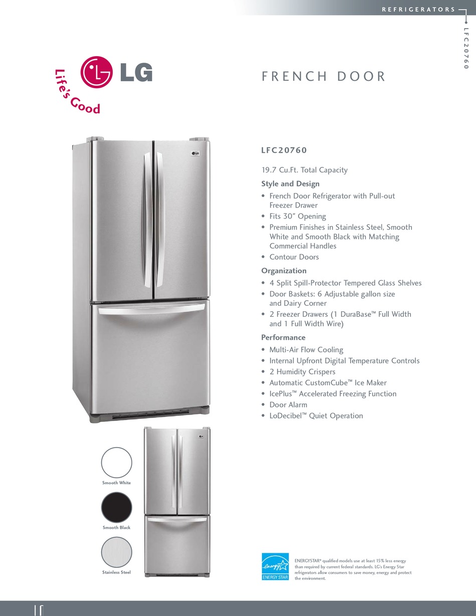 LG LFC20760ST 19.7 CU. FT. REFRIGERATOR SPECIFICATIONS Pdf Download