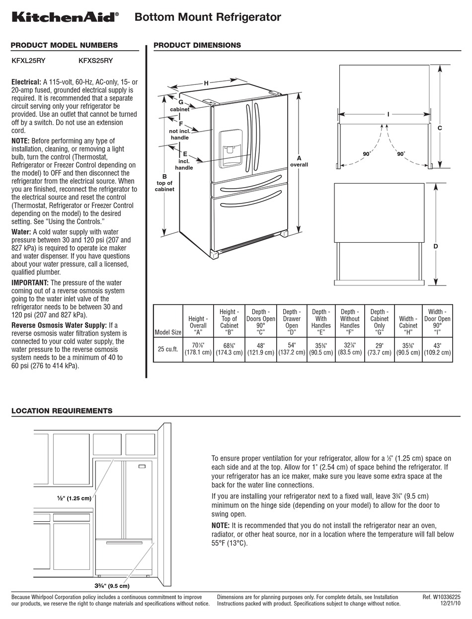 KITCHENAID KFXL25RY PRODUCT DIMENSIONS Pdf Download ManualsLib