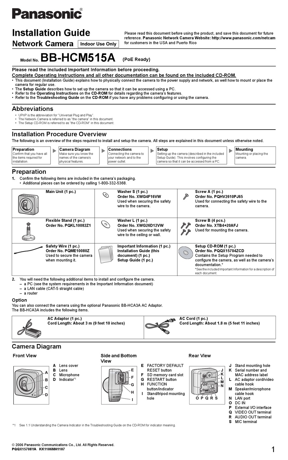 PANASONIC BB-HCM515A - NETWORK CAMERA W/ AUDIO INSTALLATION MANUAL Pdf ...