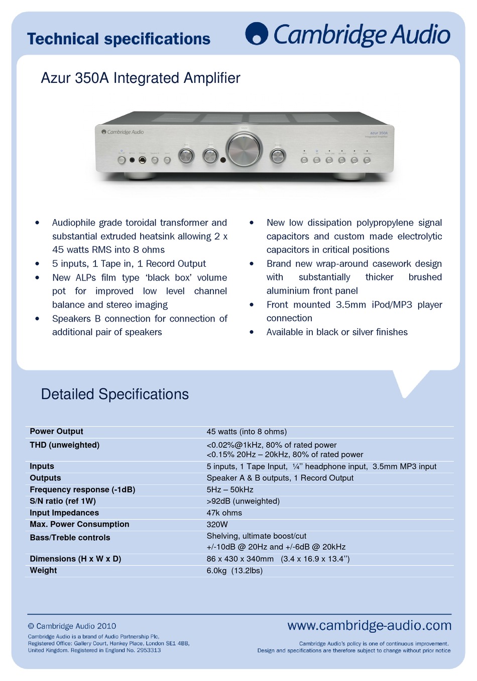 CAMBRIDGE AUDIO AZUR 350A DETAILED SPECIFICATIONS Pdf Download | ManualsLib