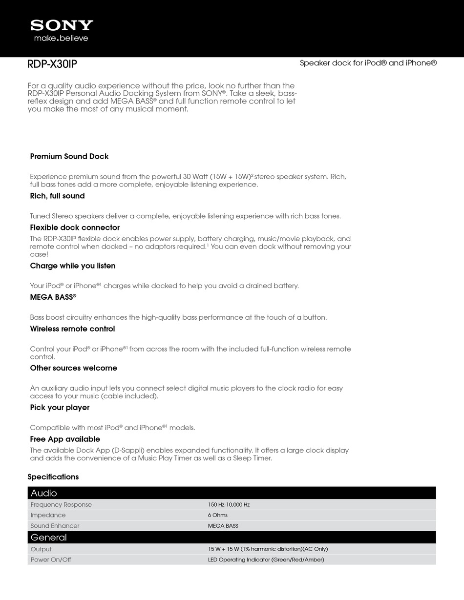 SONY RDP-X30IP SPECIFICATIONS Pdf Download | ManualsLib