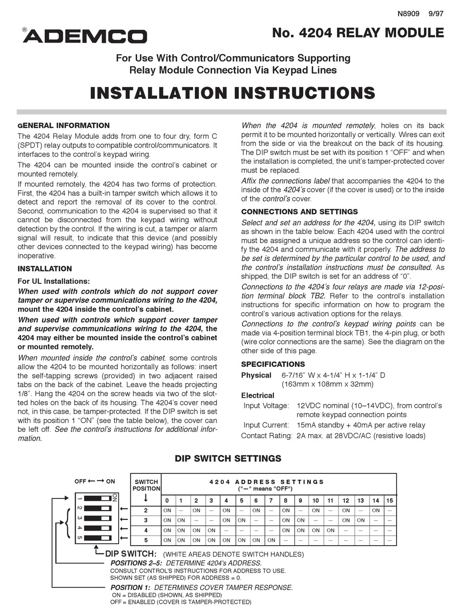 ADEMCO 4204 - / RELAY MODULE INSTALLATION INSTRUCTIONS Pdf Download