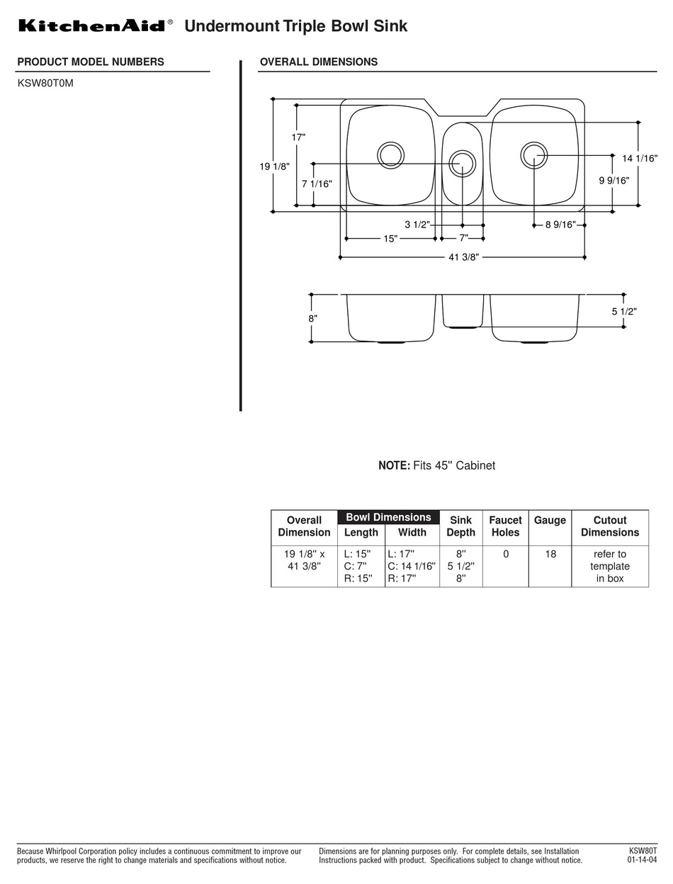 KITCHENAID KSW80T0MMR DIM INSTRUCTIONS Pdf Download ManualsLib