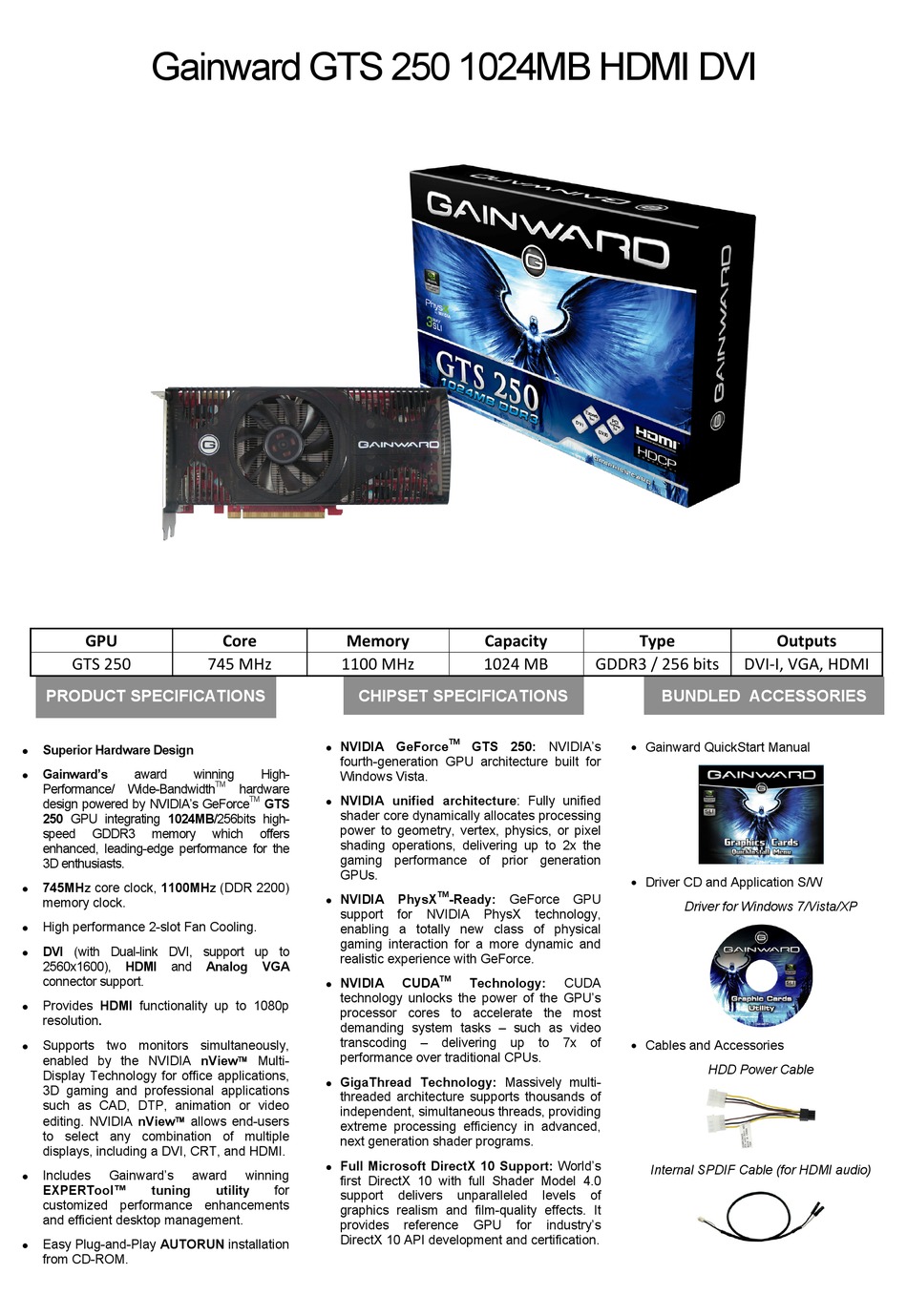 GAINWARD GTS250 1024MB BROCHURE Pdf Download | ManualsLib