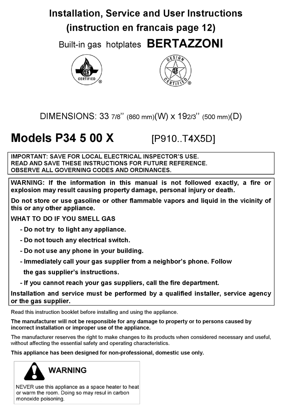 BERTAZZONI P34 5 00 X INSTALLATION, SERVICE AND USER INSTRUCTIONS