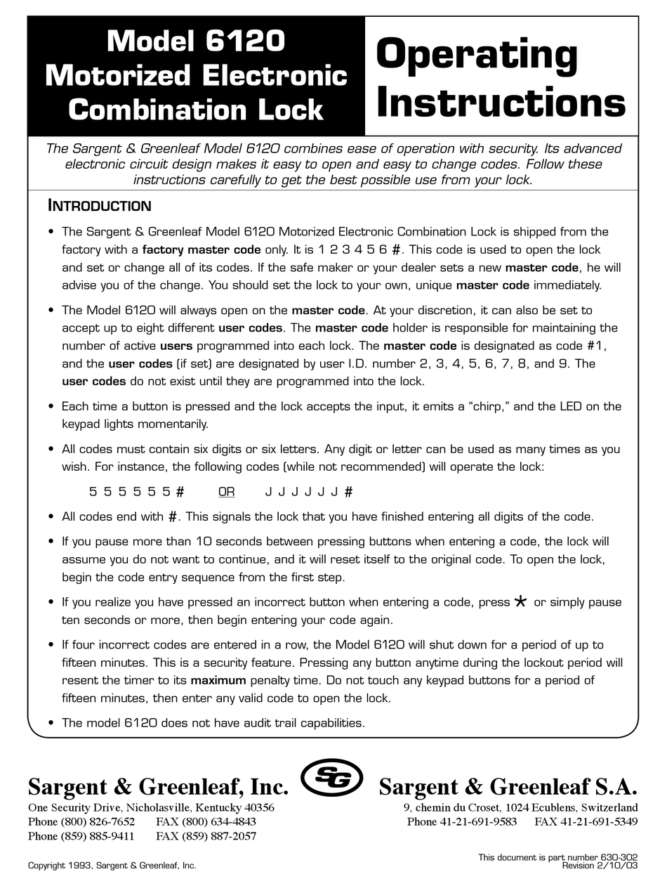 SARGENT AND GREENLEAF GREENLEAF MODEL 6120 OPERATING INSTRUCTIONS