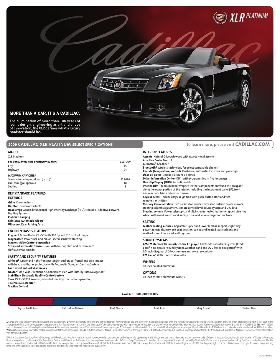 CADILLAC XLR PLATINUM BROCHURE 2009 SPECIFICATIONS Pdf Download