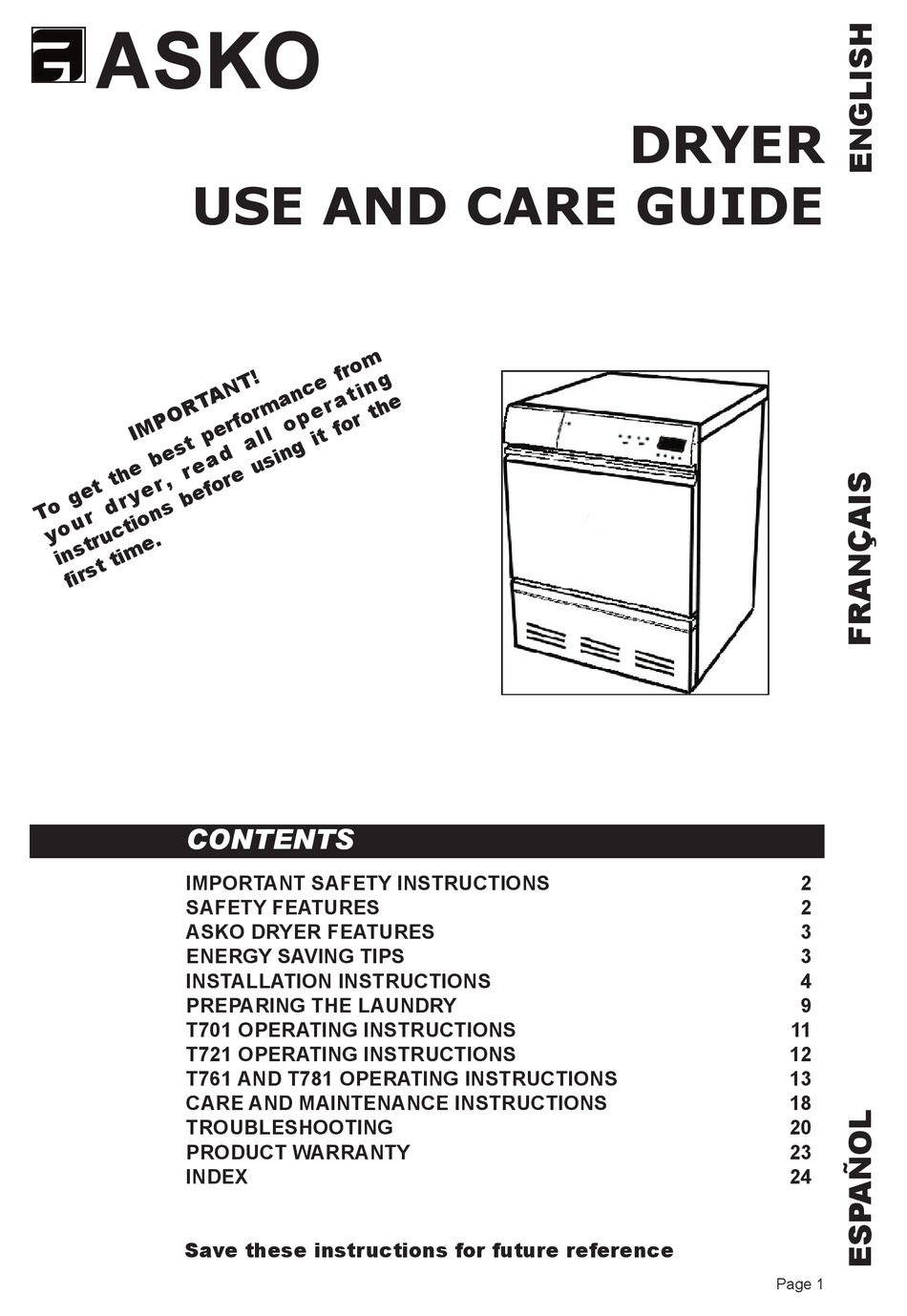 ASKO T701 USE AND CARE MANUAL Pdf Download | ManualsLib