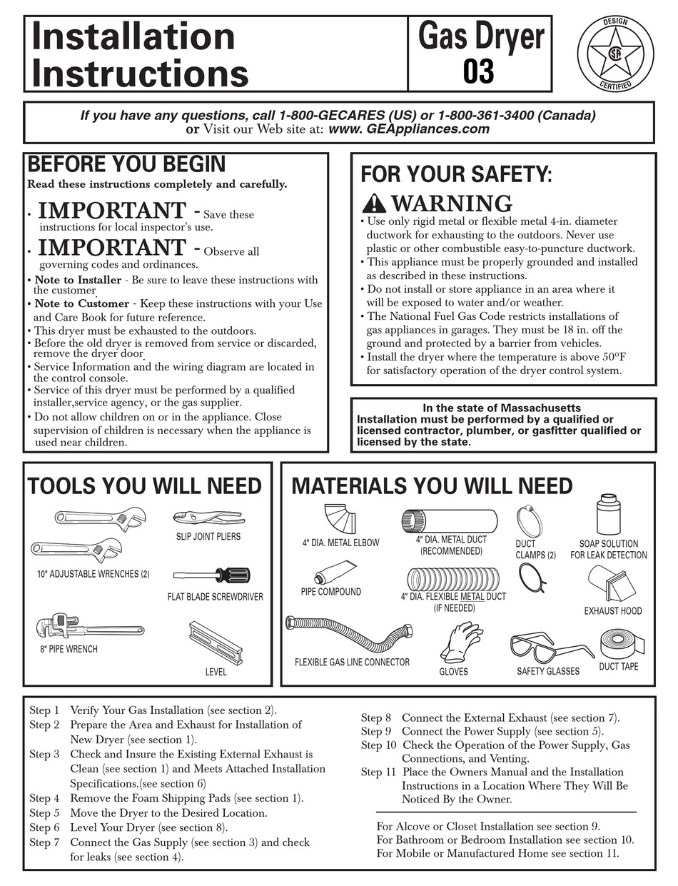 HOTPOINT NBXR333GGWW - 6.0 CU. FT. GAS DRYER INSTALLATION INSTRUCTIONS ...