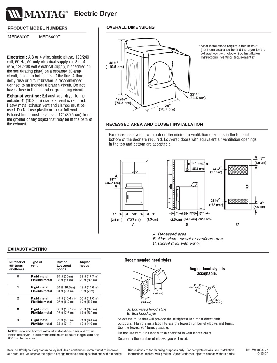 MAYTAG MED6400T PRODUCT DIMENSIONS Pdf Download | ManualsLib