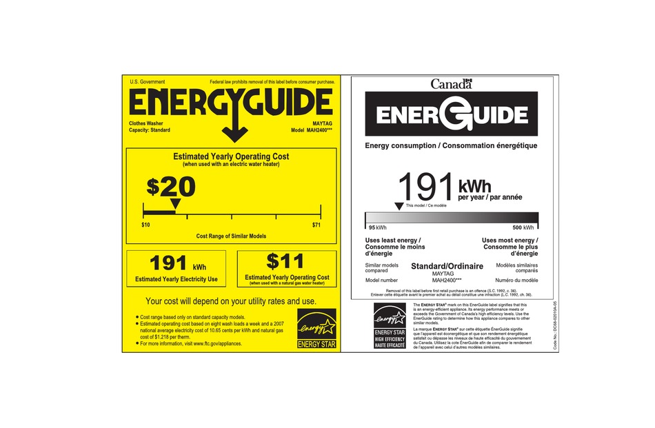 MAYTAG MAH2400AWW 2.4 CU. FT. COMPACT FRONT LOAD WASHER ENERGY MANUAL
