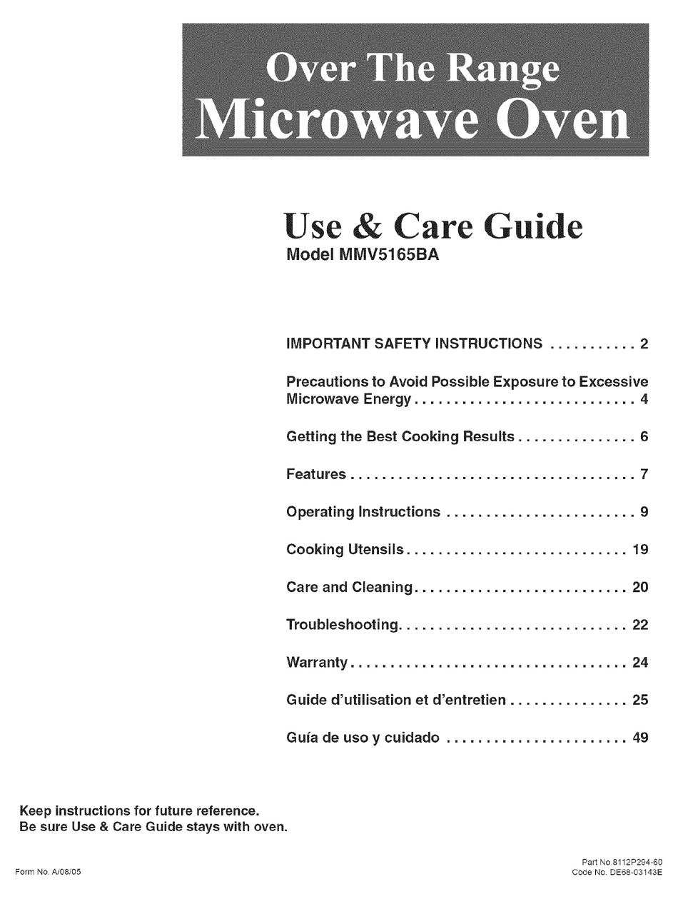 MAYTAG MMV5165BAW - 1.6 CU. FT. MICROWAVE USE AND CARE MANUAL Pdf