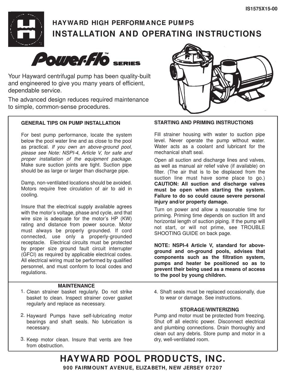 hayward power flo lx pump manual