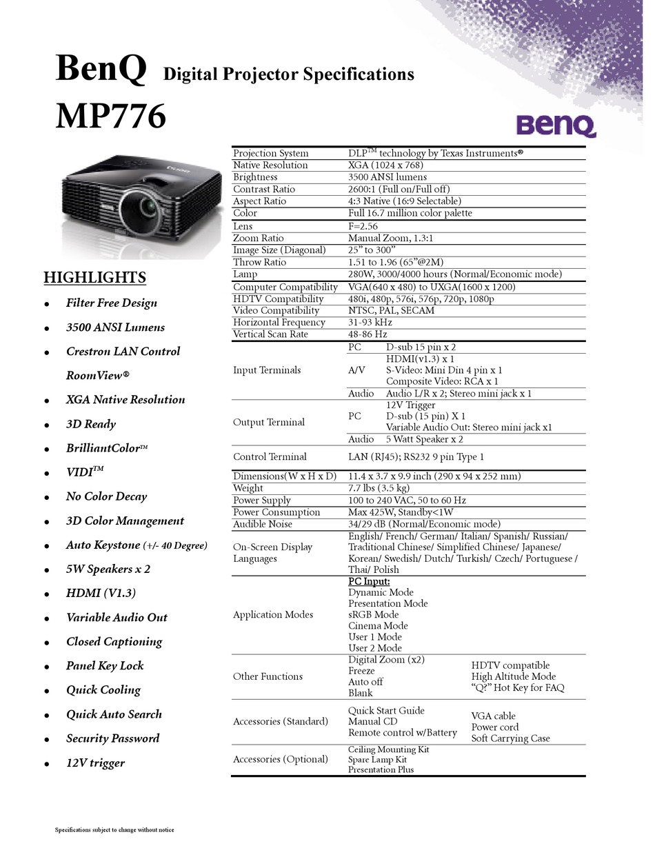 BENQ MP776 XGA DLP PROJECTOR SPECIFICATIONS Pdf Download ManualsLib