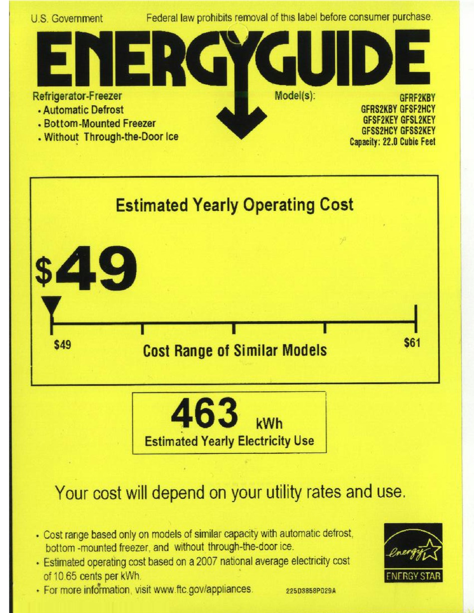 GE GFSF2KEYCC - 22.2 CU. FT. REFRIGERATOR ENERGY MANUAL Pdf Download ...