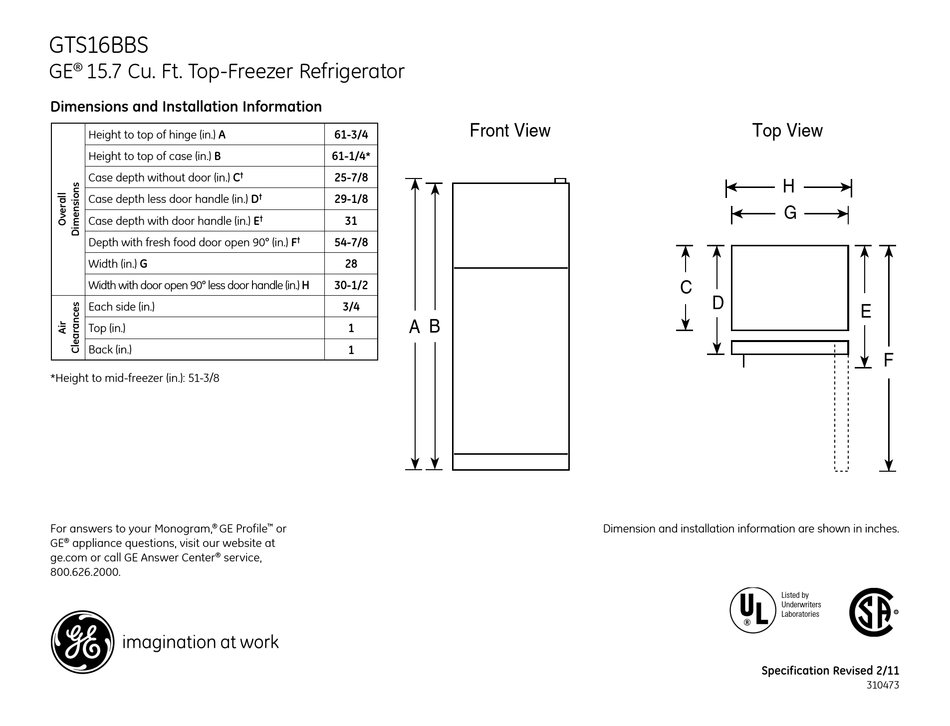 GE GTS16BBSRWW 15.7 CU. FT. TOPFREEZER REFRIGERATOR DIMENSIONS AND
