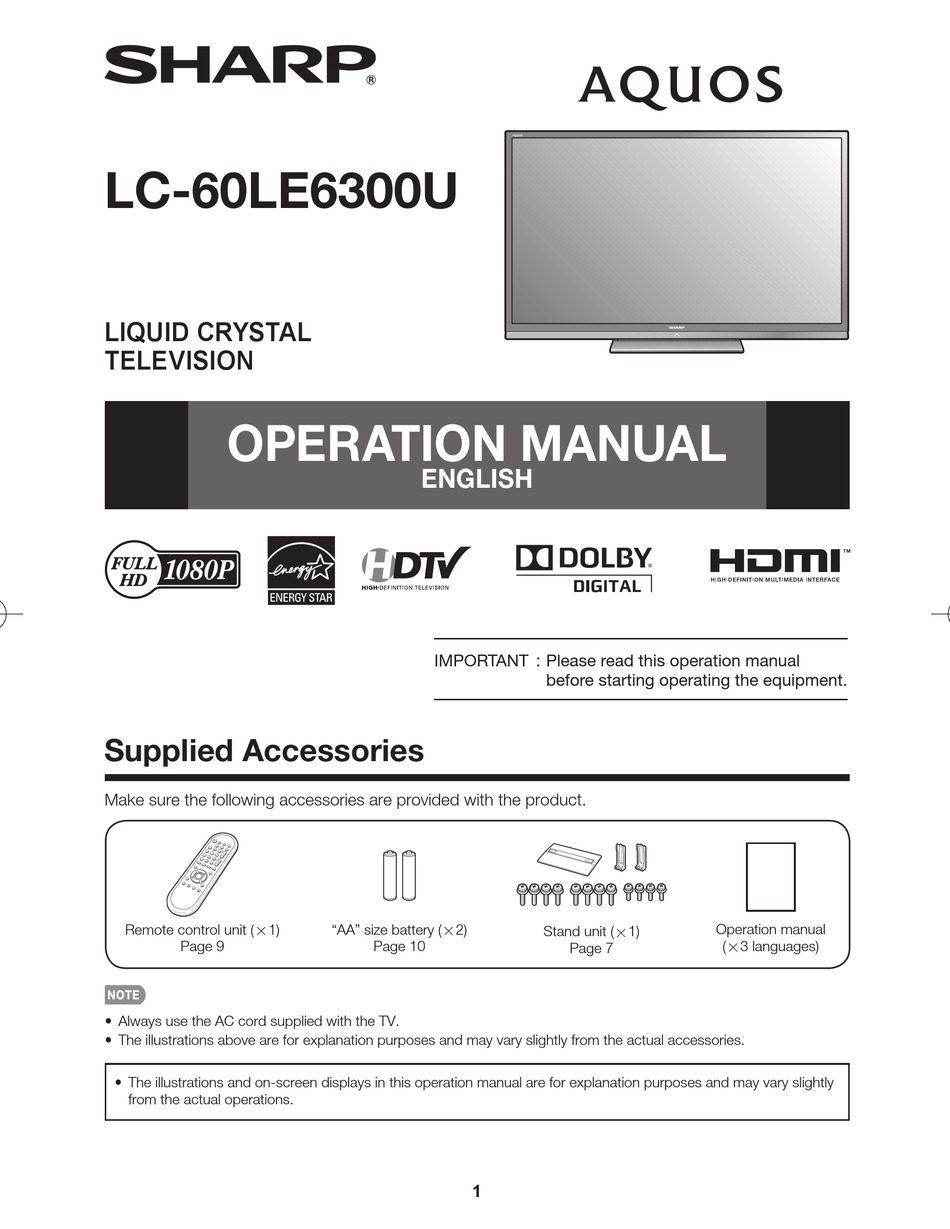 SHARP AQUOS LC-60LE6300U OPERATION MANUAL Pdf Download | ManualsLib