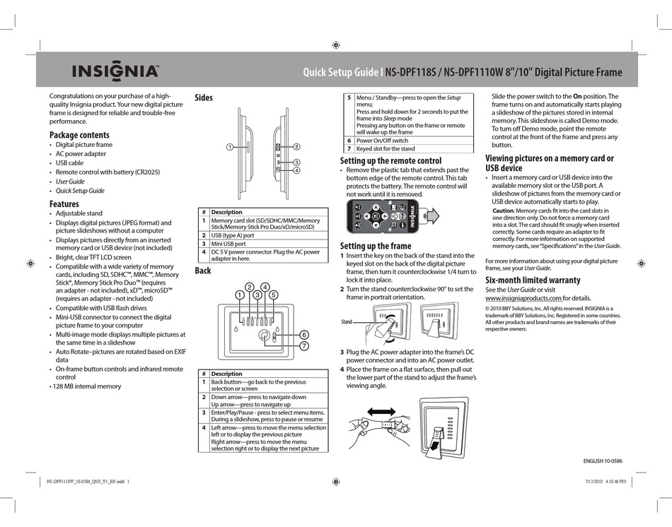 INSIGNIA NSDPF1110W QUICK SETUP MANUAL Pdf Download ManualsLib