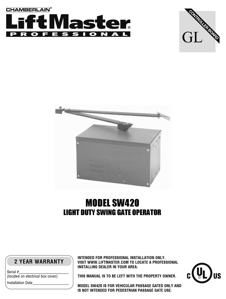 CHAMBERLAIN LIFTMASTER PROFESSIONAL SW420 INSTALLATION MANUAL Pdf