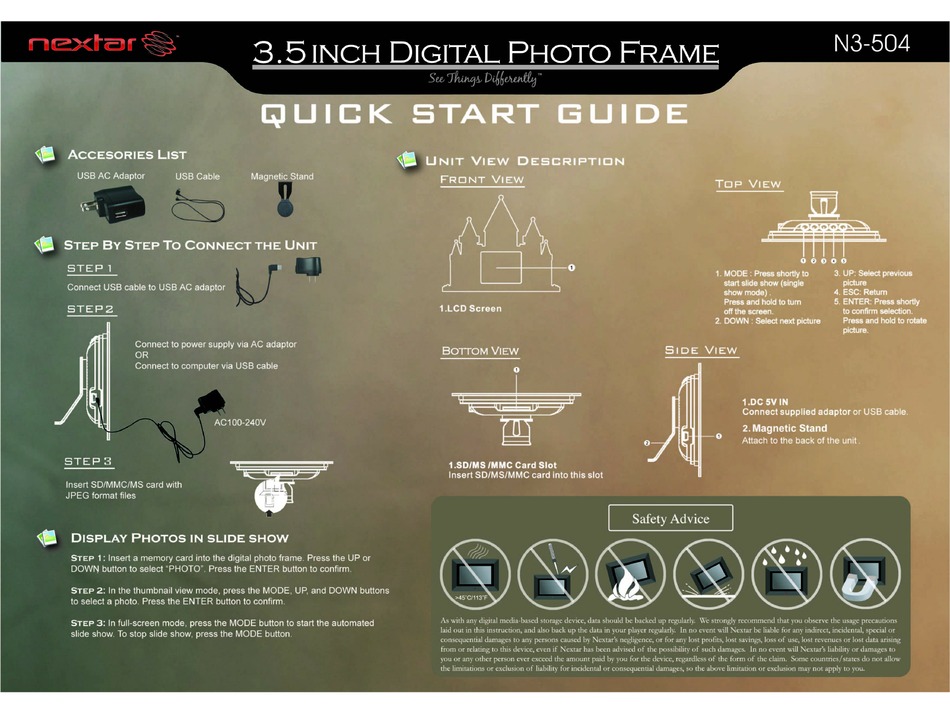 NEXTAR N3504CST M1 MY FIRST DIGITAL PICTURE FRAME QUICK START