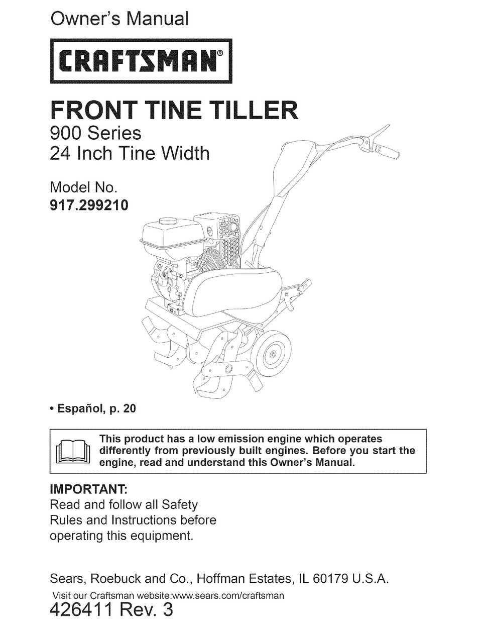 CRAFTSMAN 29921 - FRONT TINE TILLER-CA MODEL OWNER'S MANUAL Pdf ...