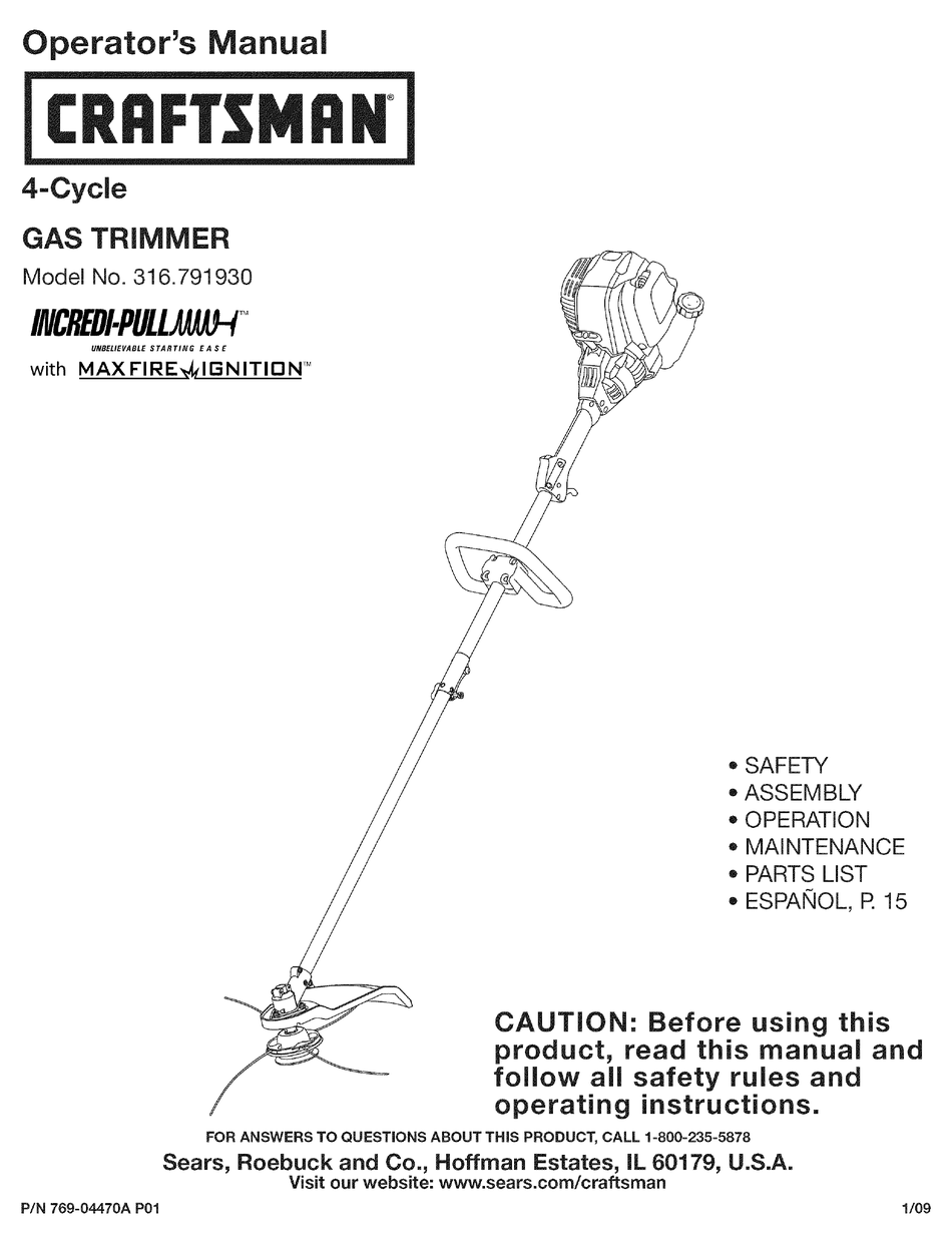 CRAFTSMAN 79193 - STRAIGHT SHAFT TRIMMER OPERATOR'S MANUAL Pdf Download ...