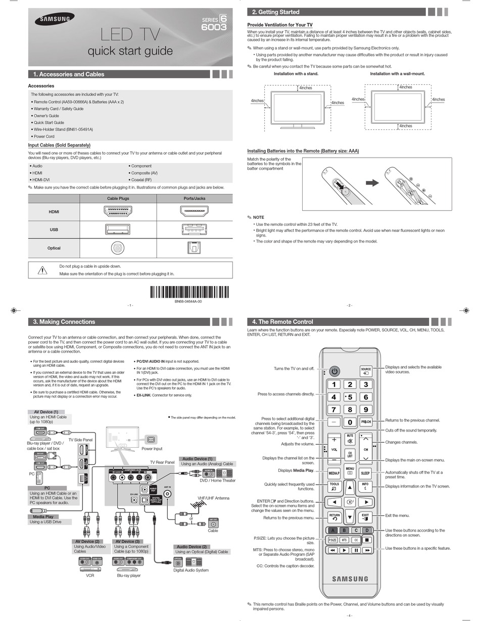 SAMSUNG UN60ES6003F QUICK MANUAL Pdf Download | ManualsLib
