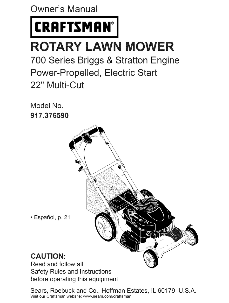 CRAFTSMAN 37659 FRONT PROPELLED REAR BAG LAWN MOWER OWNER'S MANUAL