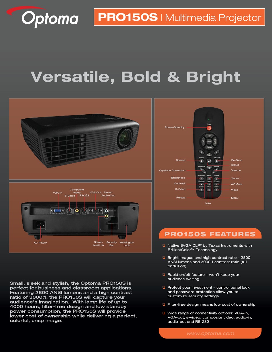 OPTOMA PRO150S SPECIFICATIONS Pdf 