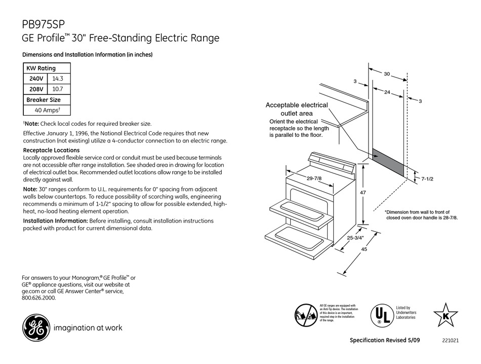 GE PB975SPSS PROFILE 30" ELECTRIC RANGE DIMENSIONS AND INSTALLATION