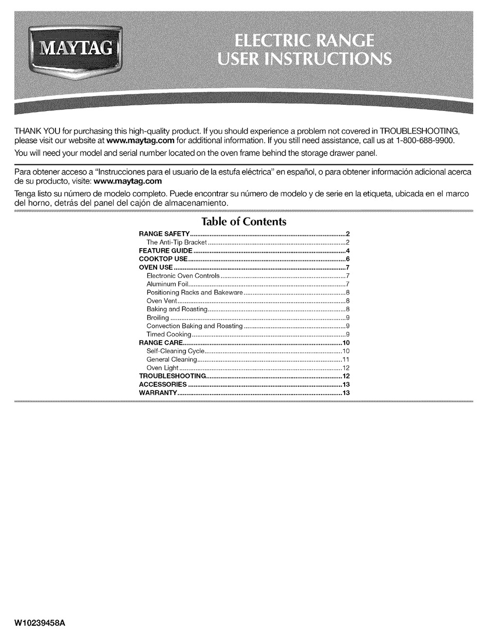 MAYTAG MER8770WQ CONVECTION CERAMIC RANGE USER INSTRUCTIONS Pdf