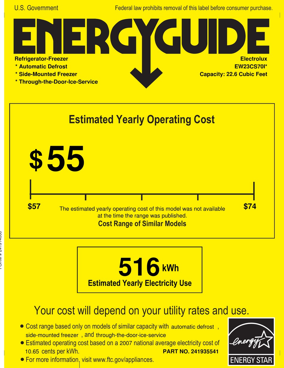 ELECTROLUX EW23CS70IS - 22.6 CU. FT. REFRIGERATOR ENERGY MANUAL Pdf ...