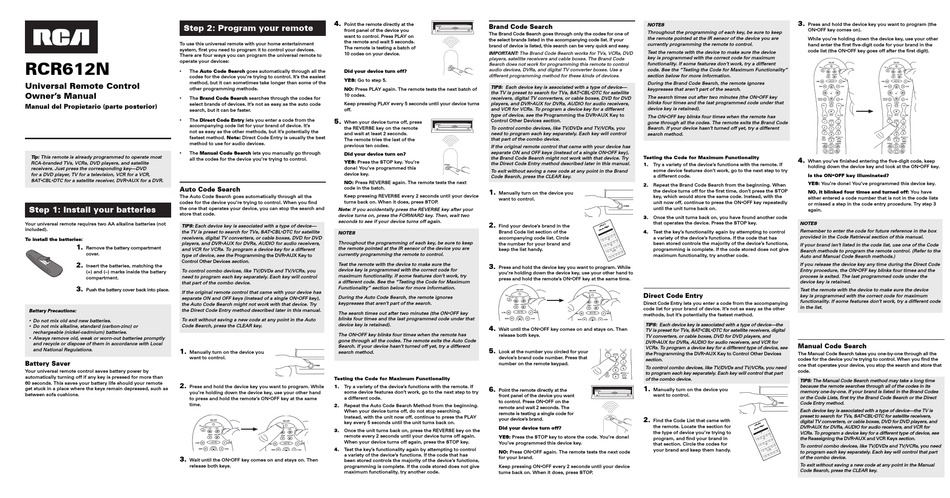 RCA RCR612 - UNIVERSAL REMOTE CONTROL OWNER'S MANUAL Pdf Download