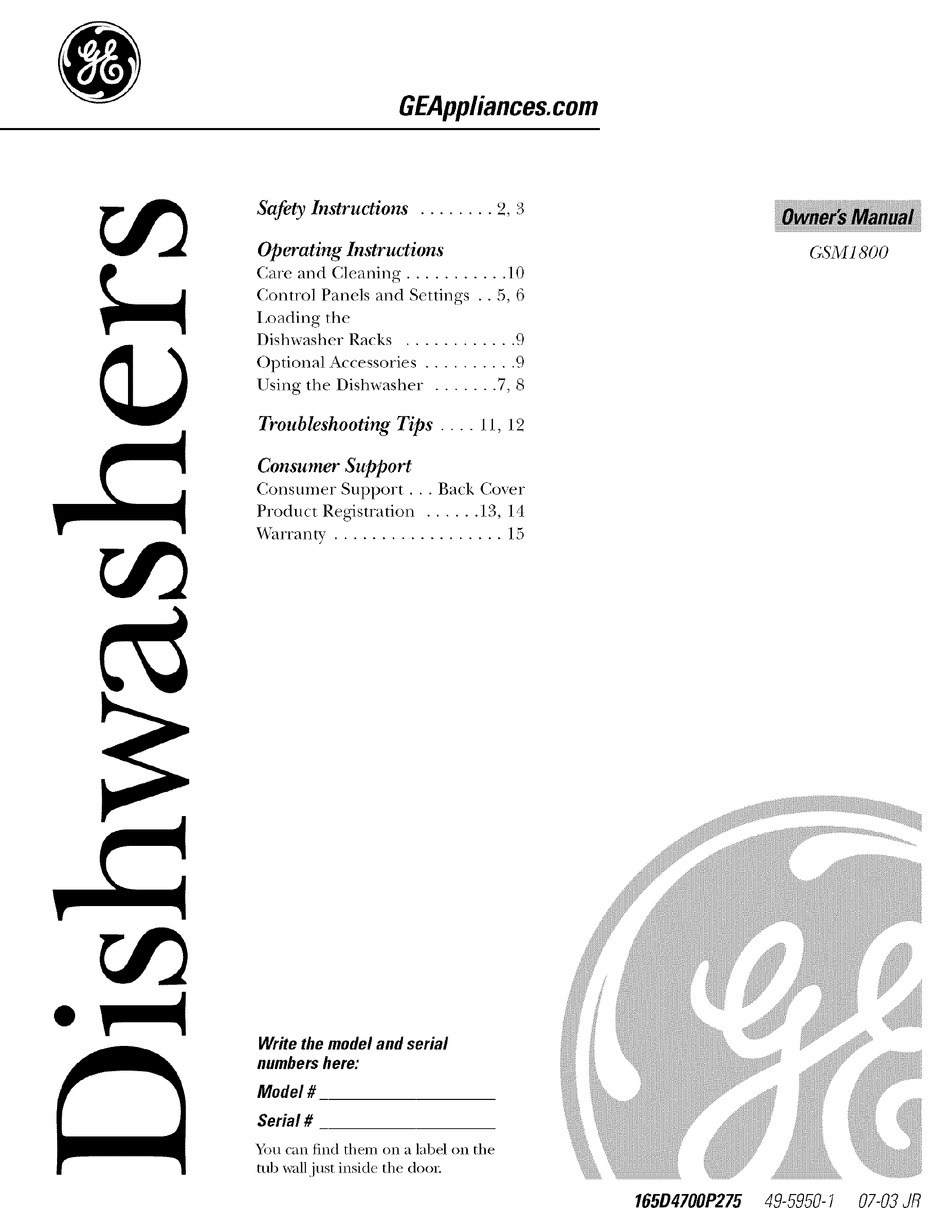 GE GSM1800JBB SPACEMAKER 18" DISHWASHER OWNER'S MANUAL Pdf Download