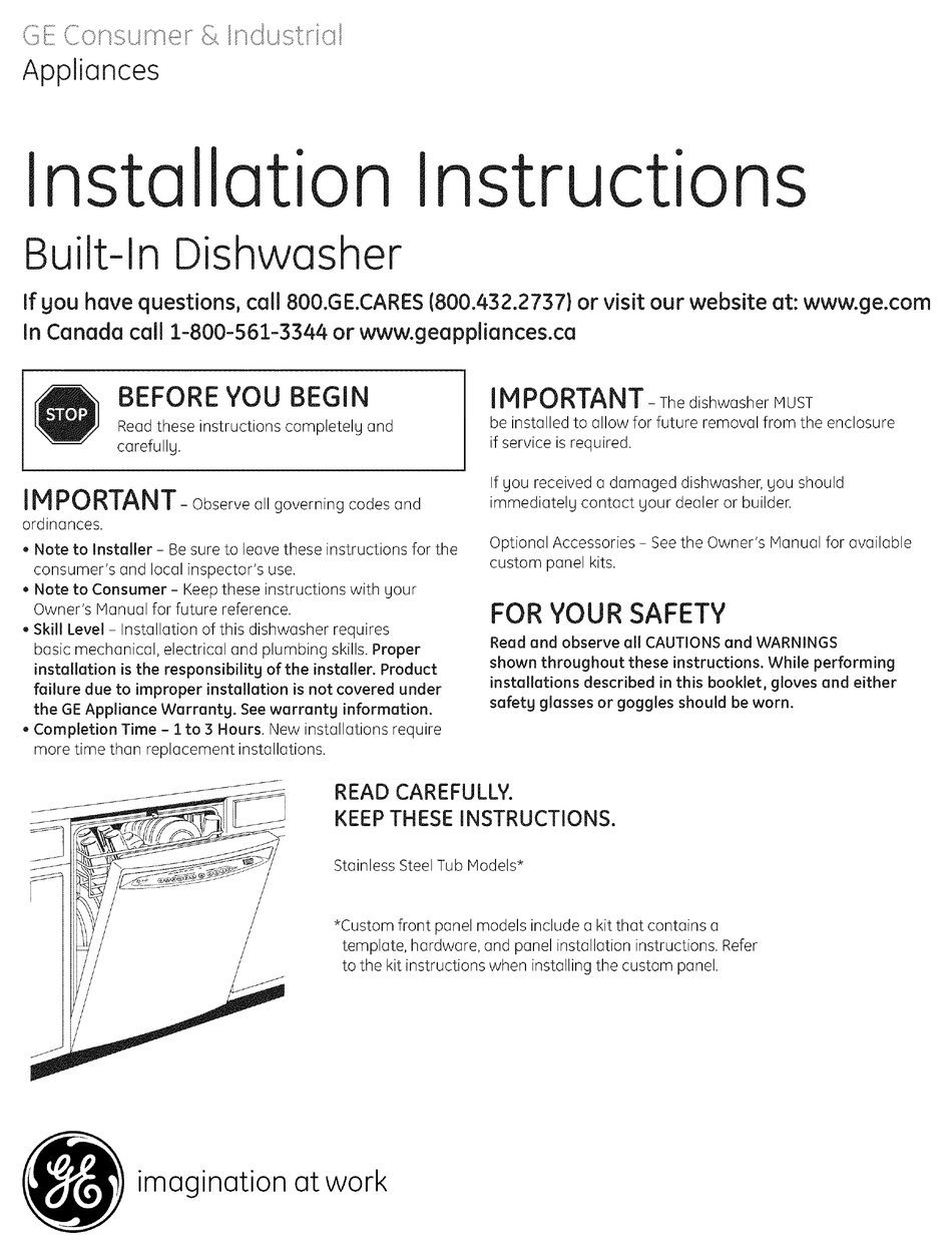 GE PDWF2 PROFILE 24 IN. DISHWASHER INSTALLATION INSTRUCTIONS MANUAL