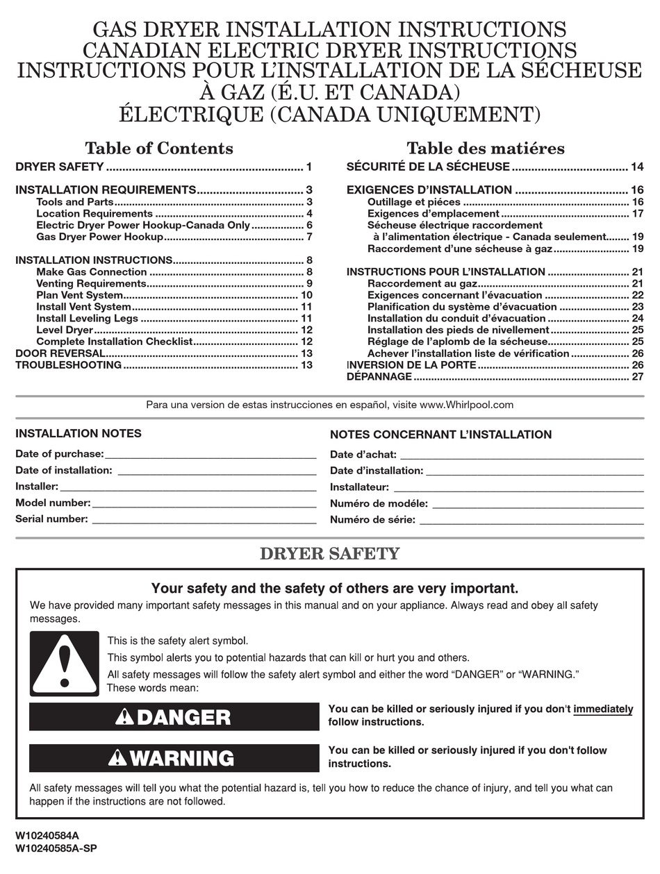 WHIRLPOOL WGD9250WR DUET CRANBERRY GAS DRYER INSTALLATION