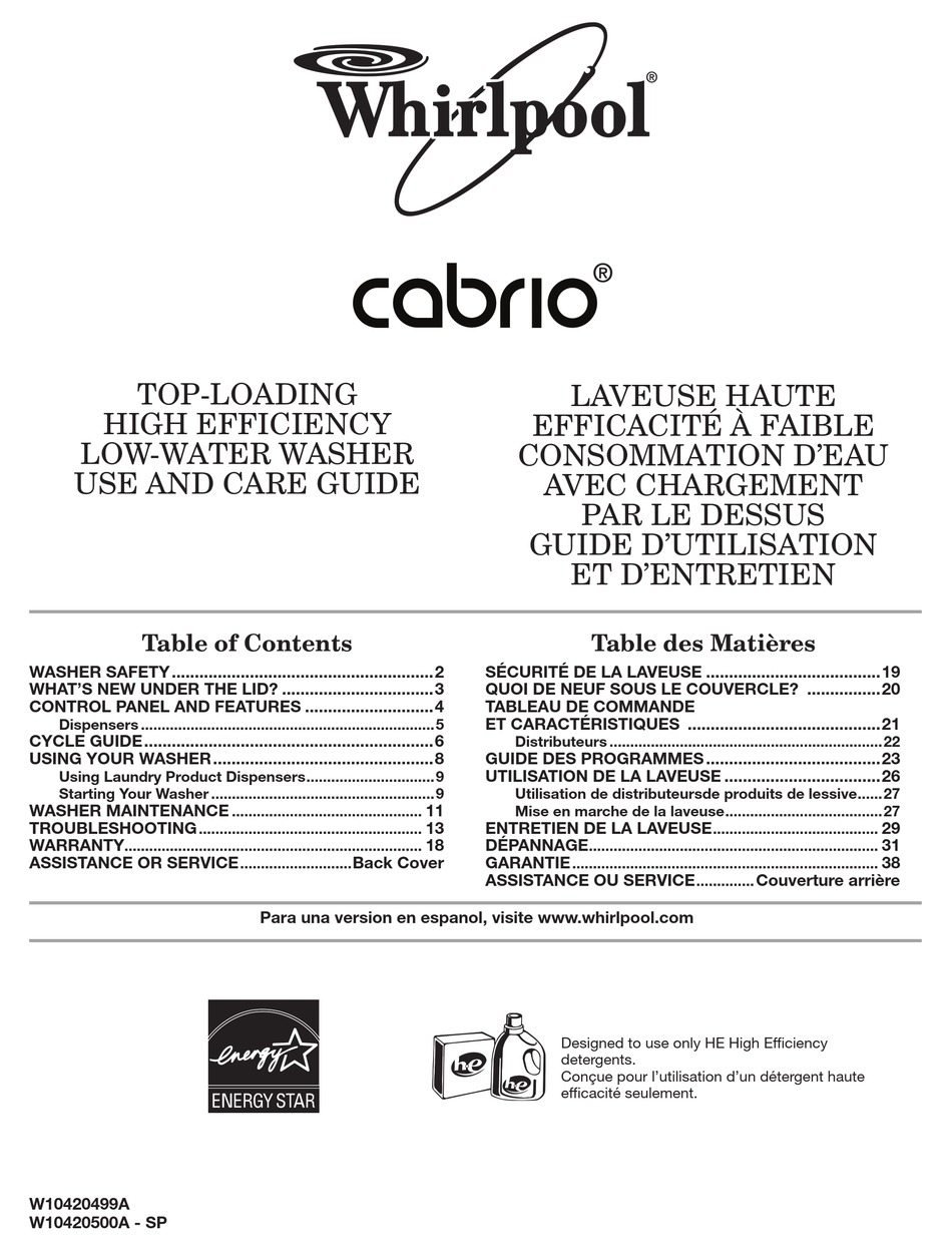 WHIRLPOOL CABRIO WTW7800XL USE AND CARE MANUAL Pdf Download | ManualsLib